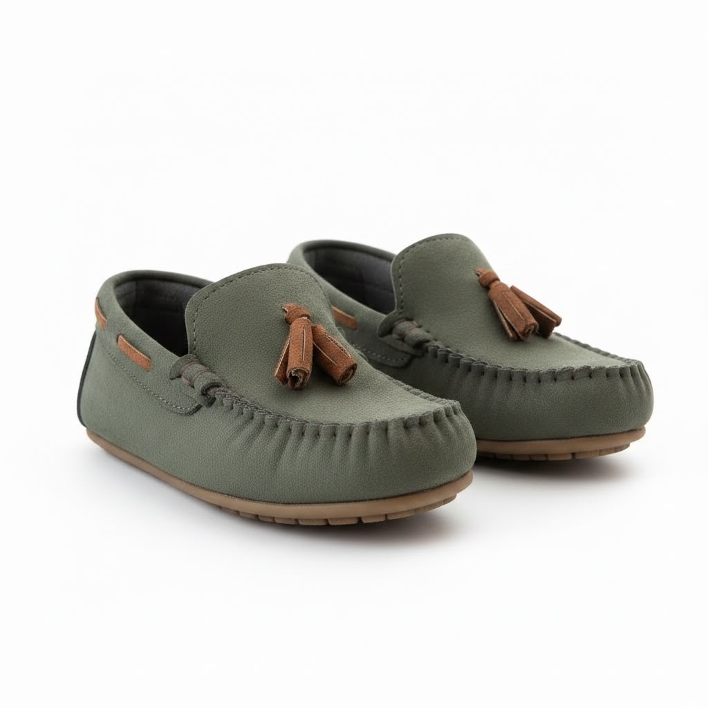 Haki yeşil püsküllü çocuk loafer - görsel 8