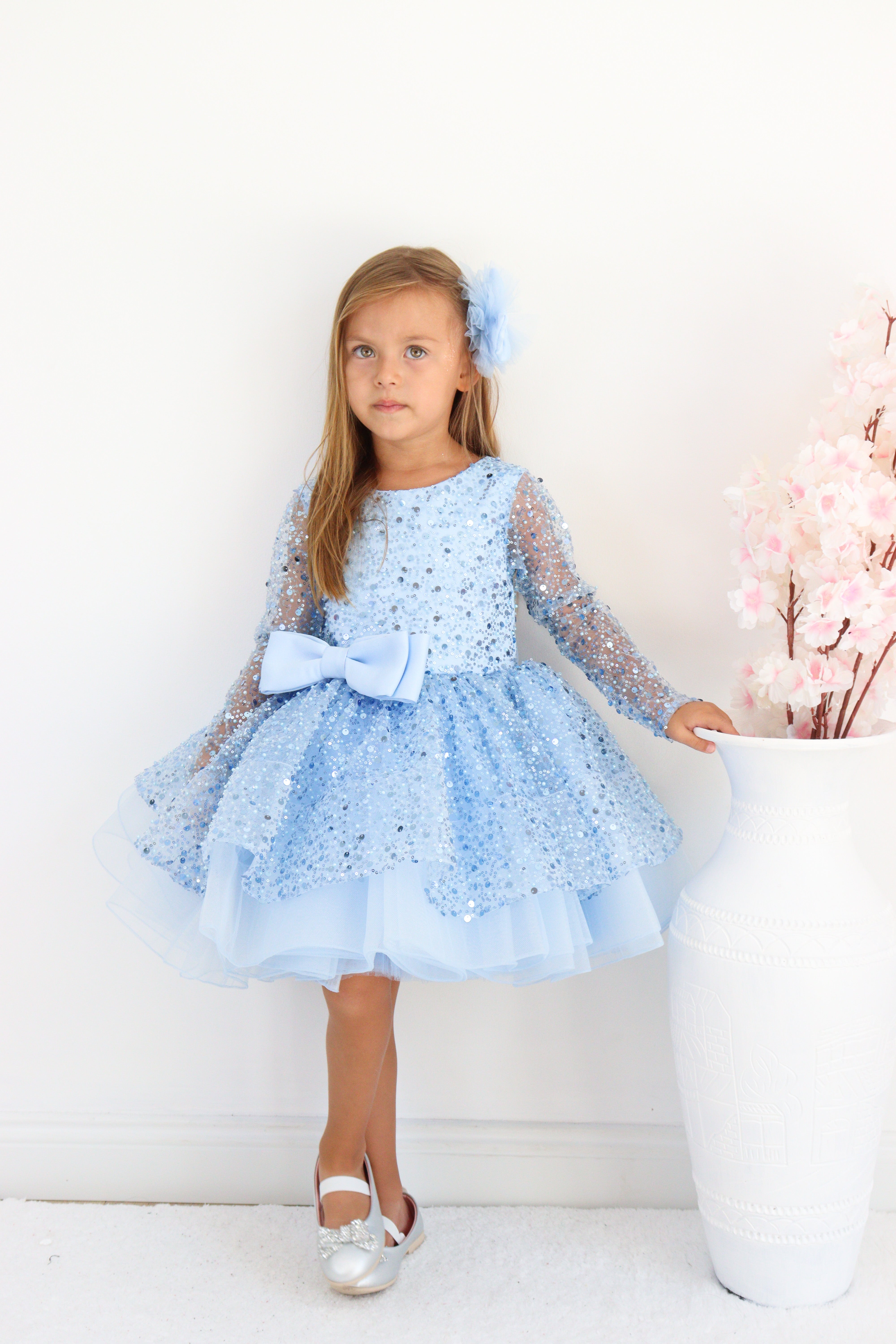 Mavi Pul Payetli Kız Çocuk Abiye 1–10 Yaş Uzun Kollu Tül Elbise