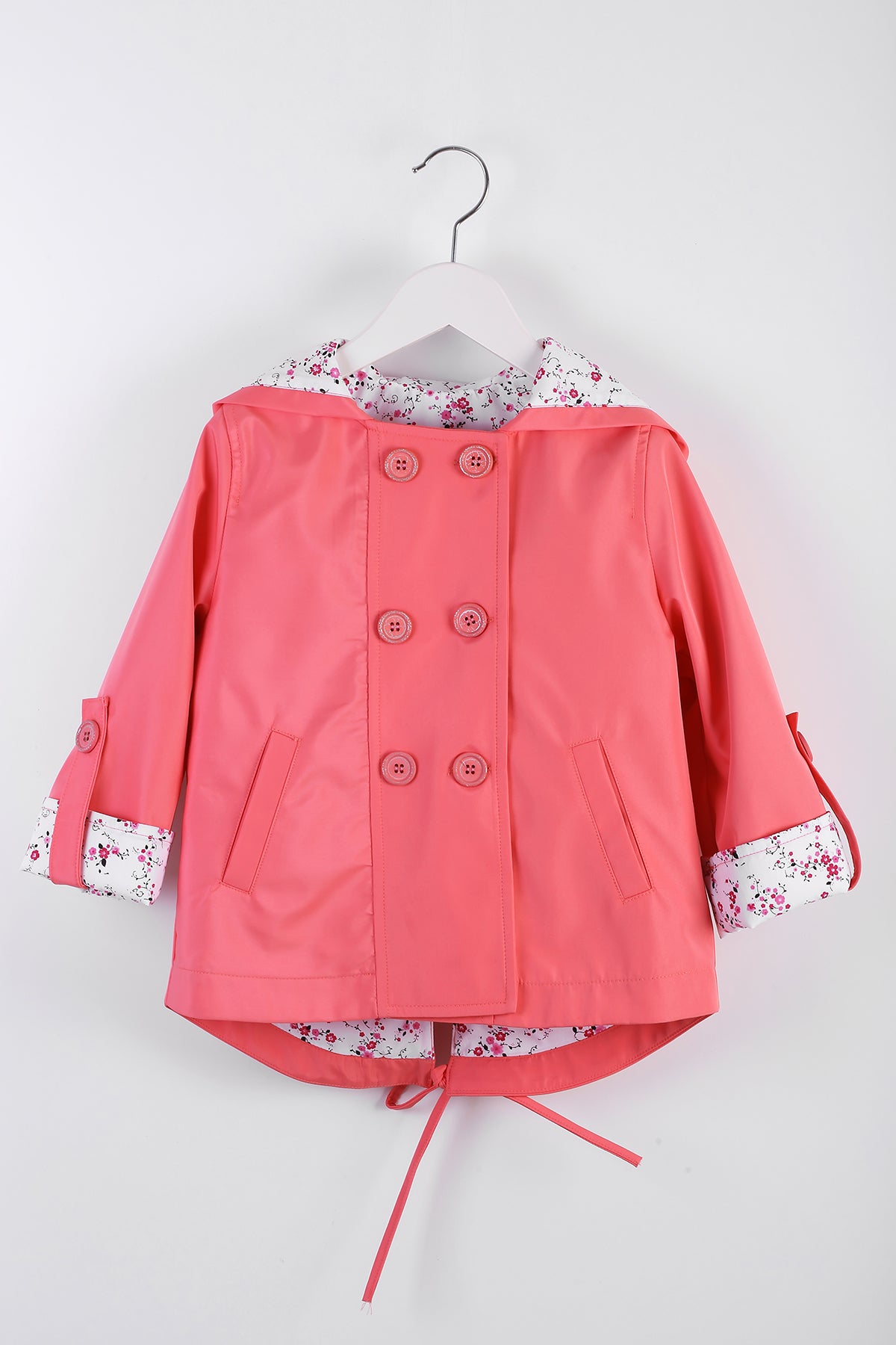 Kız Çocuk Çiçek Desenli Astar Detaylı Su Geçirmez Pembe Trençkot