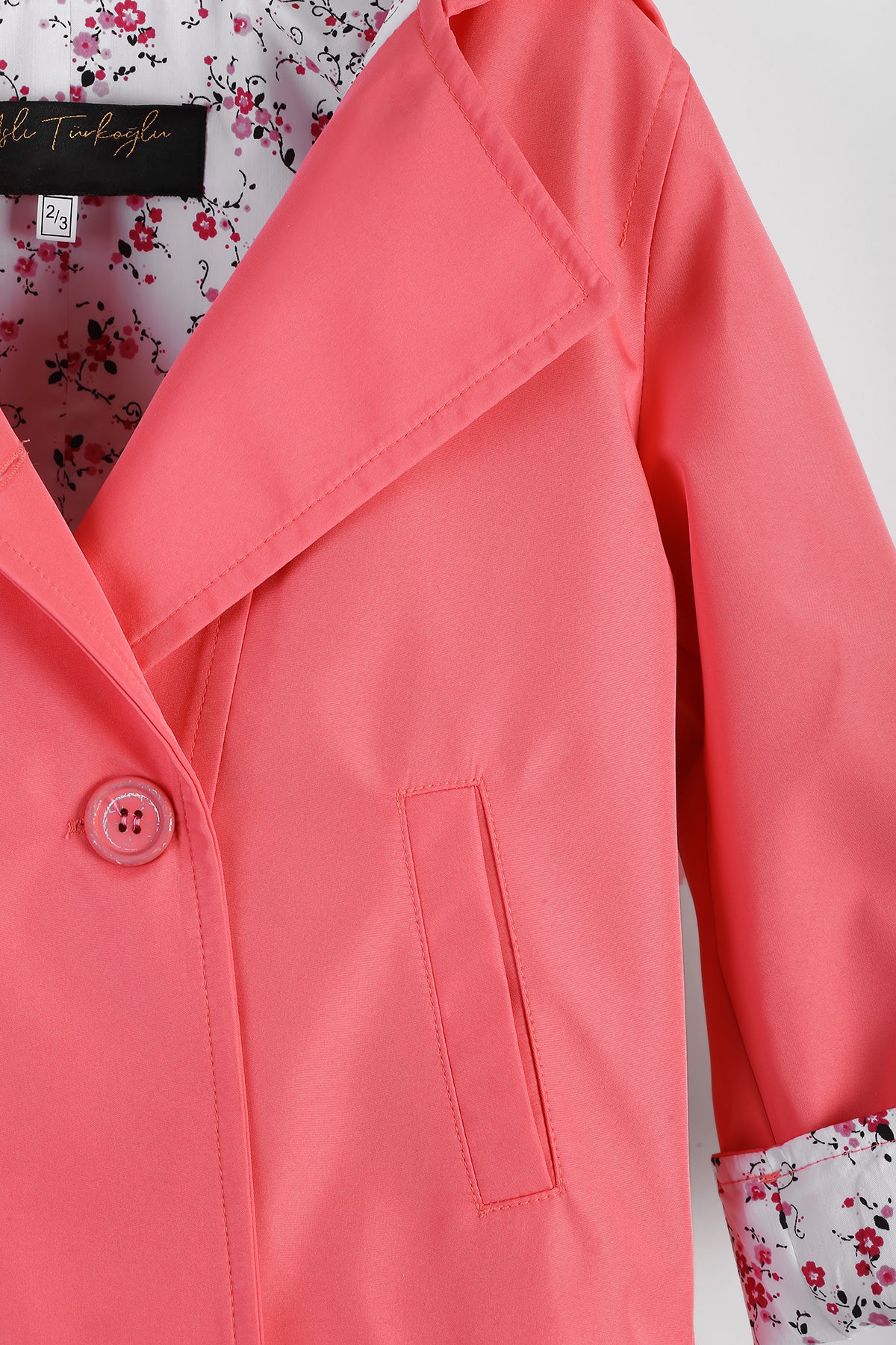 Kız Çocuk Çiçek Desenli Astar Detaylı Su Geçirmez Pembe Trençkot