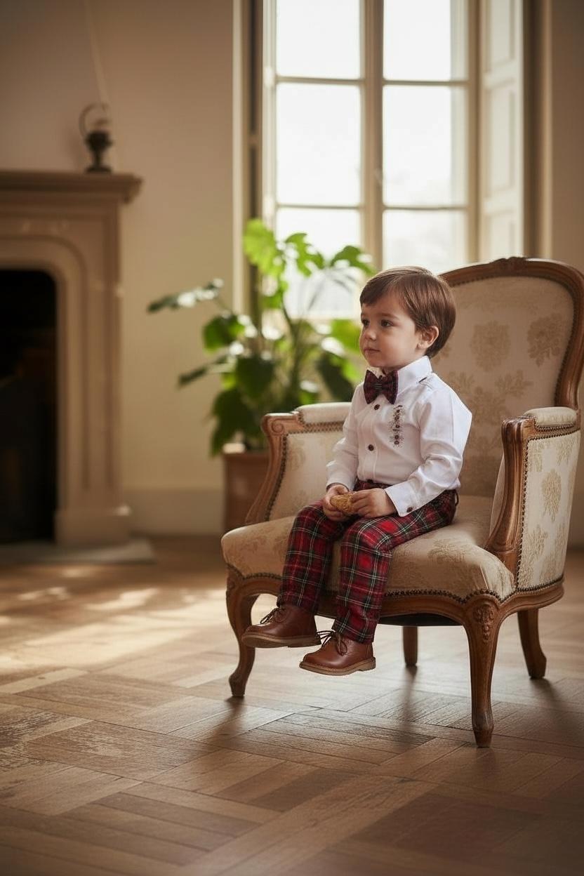 Erkek Bebek Yılbaşı Takımı –Kurabiye Nakışlı Gömlek & Ekose Pantolon Papyon Seti