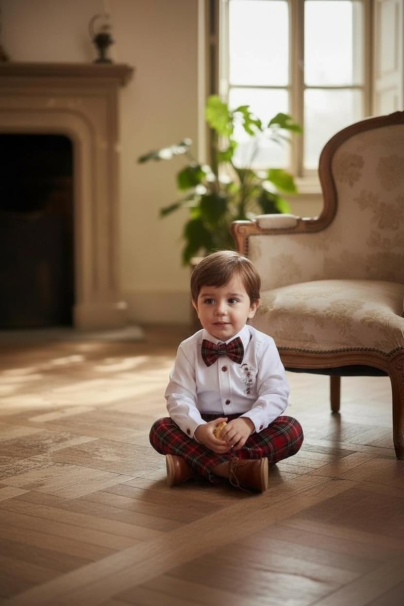 Erkek Bebek Yılbaşı Takımı –Kurabiye Nakışlı Gömlek & Ekose Pantolon Papyon Seti