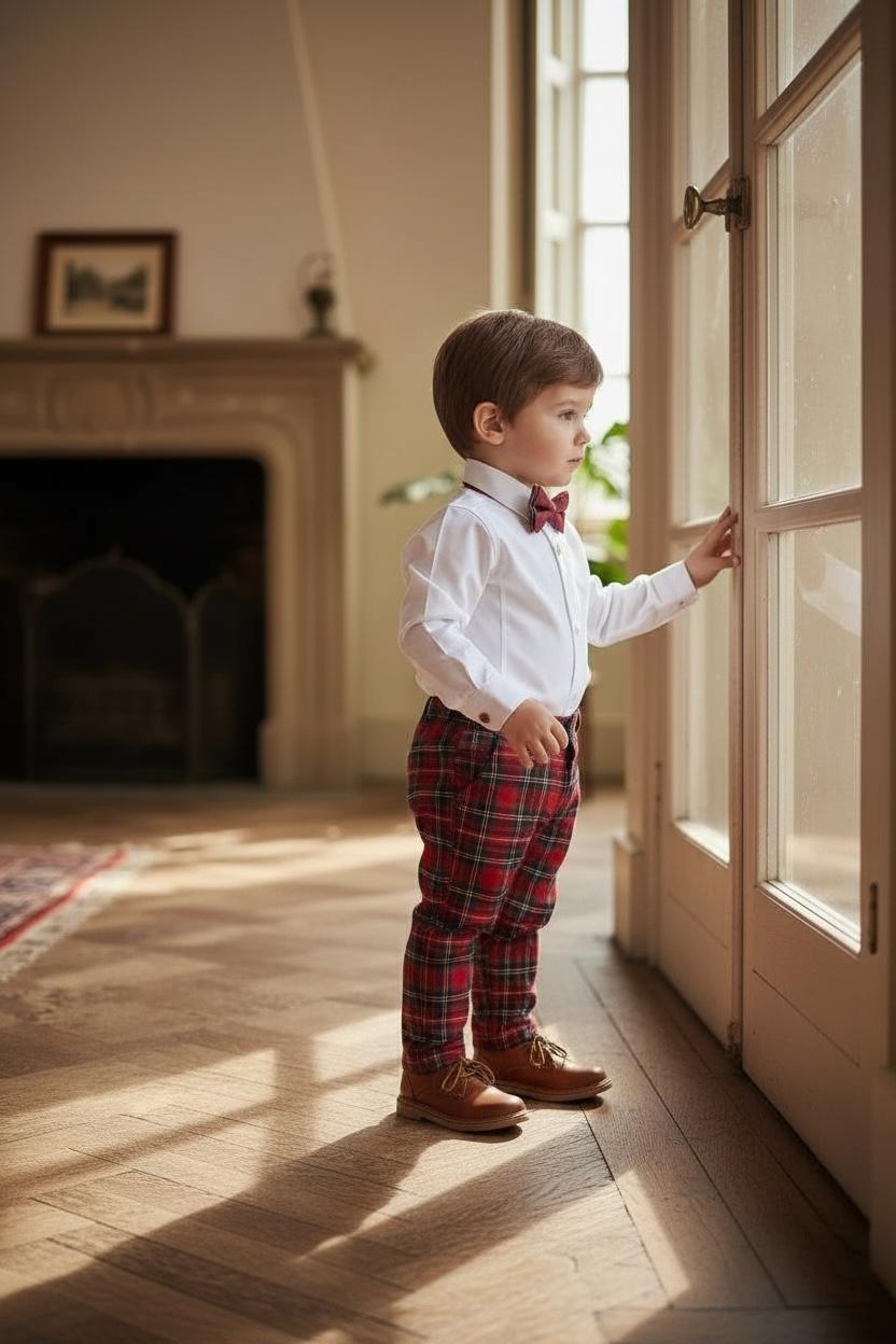 Erkek Bebek Yılbaşı Takımı –Kurabiye Nakışlı Gömlek & Ekose Pantolon Papyon Seti