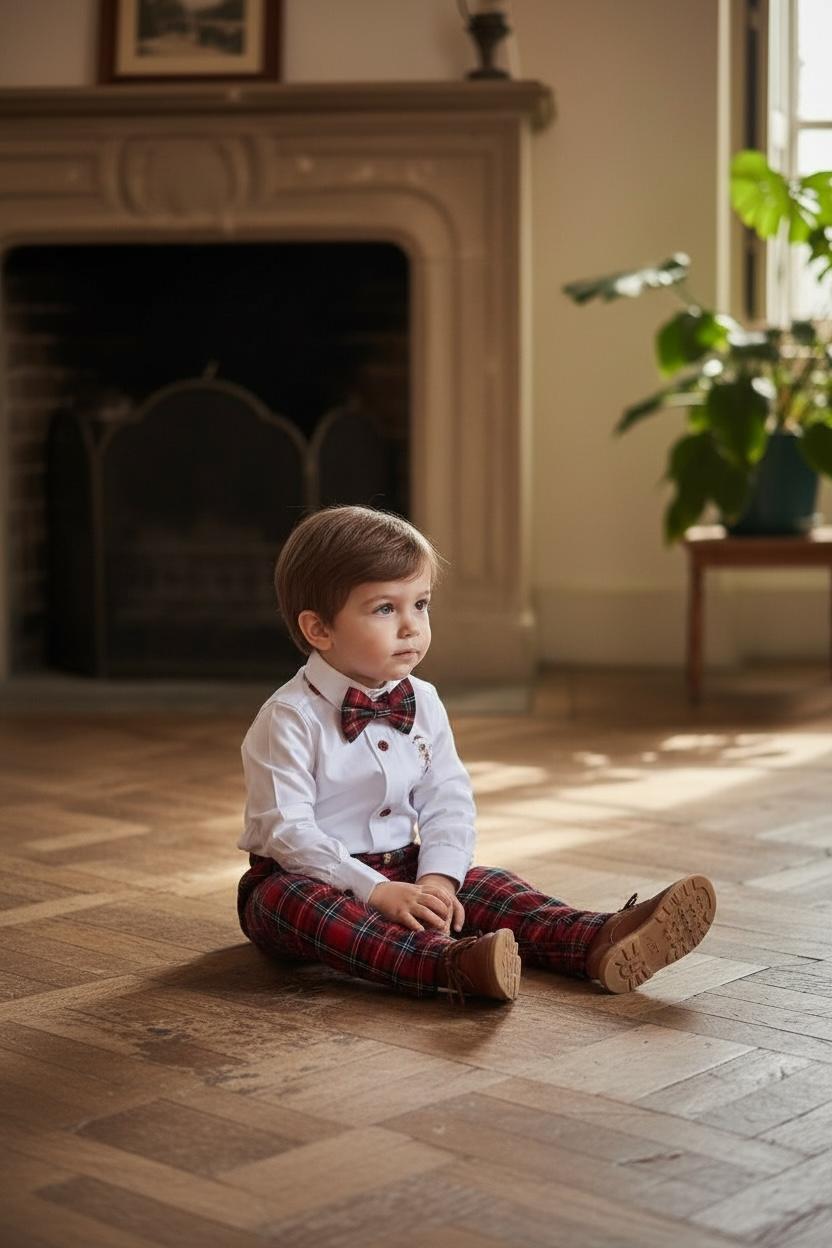 Erkek Bebek Yılbaşı Takımı –Kurabiye Nakışlı Gömlek & Ekose Pantolon Papyon Seti