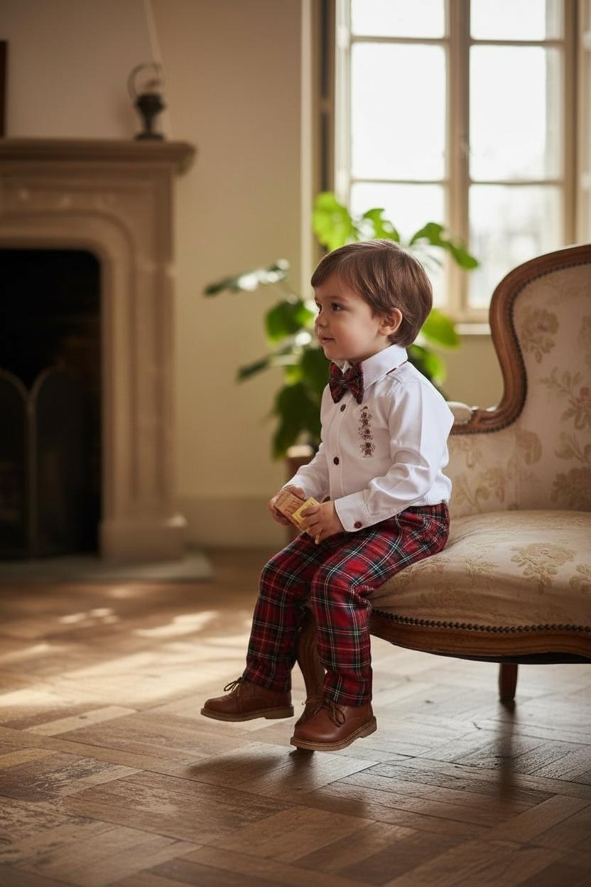 Erkek Bebek Yılbaşı Takımı –Kurabiye Nakışlı Gömlek & Ekose Pantolon Papyon Seti