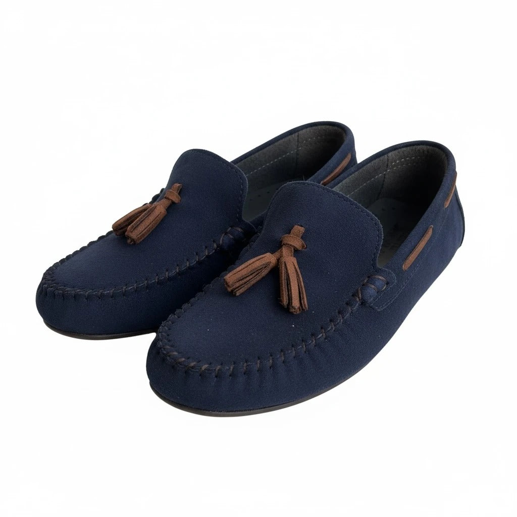 Lacivert püsküllü çocuk loafer ayakkabı - üç çeyrek açı çift görünüm