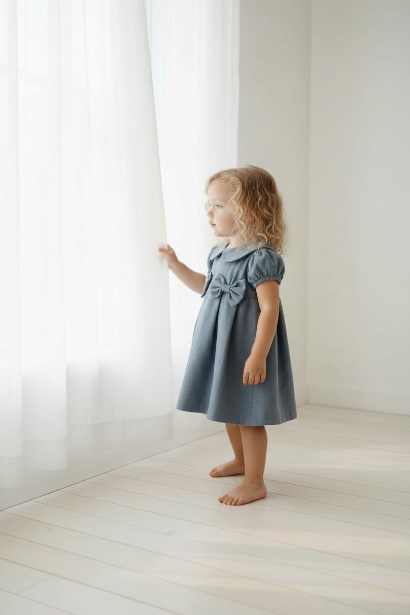 Kız Çocuk Bebe Yaka Fiyonk Detaylı Elbise  1–8 Yaş Klasik & Şık Tasarım