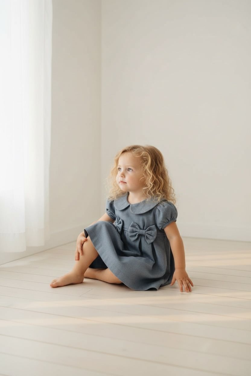 Kız Çocuk Bebe Yaka Fiyonk Detaylı Elbise  1–8 Yaş Klasik & Şık Tasarım