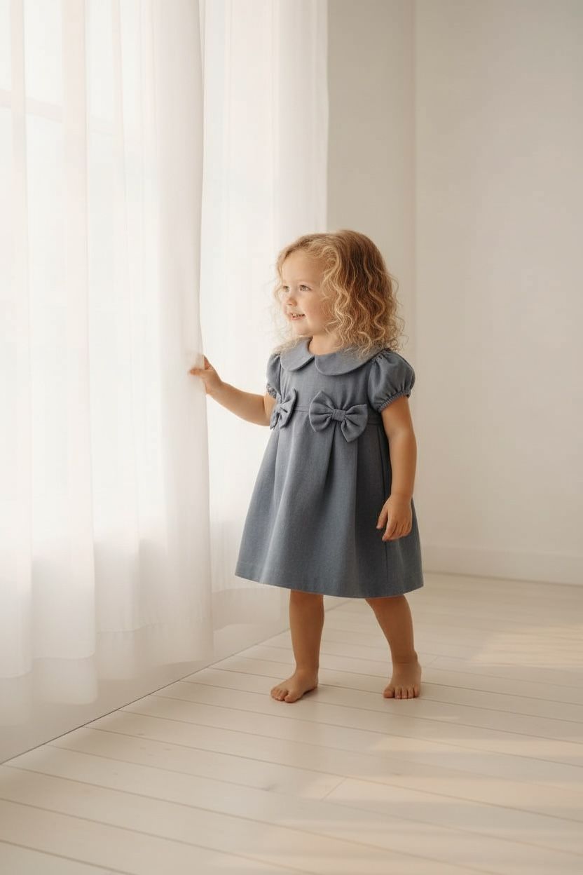 Kız Çocuk Bebe Yaka Fiyonk Detaylı Elbise  1–8 Yaş Klasik & Şık Tasarım