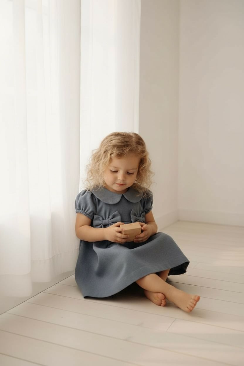 Kız Çocuk Bebe Yaka Fiyonk Detaylı Elbise  1–8 Yaş Klasik & Şık Tasarım