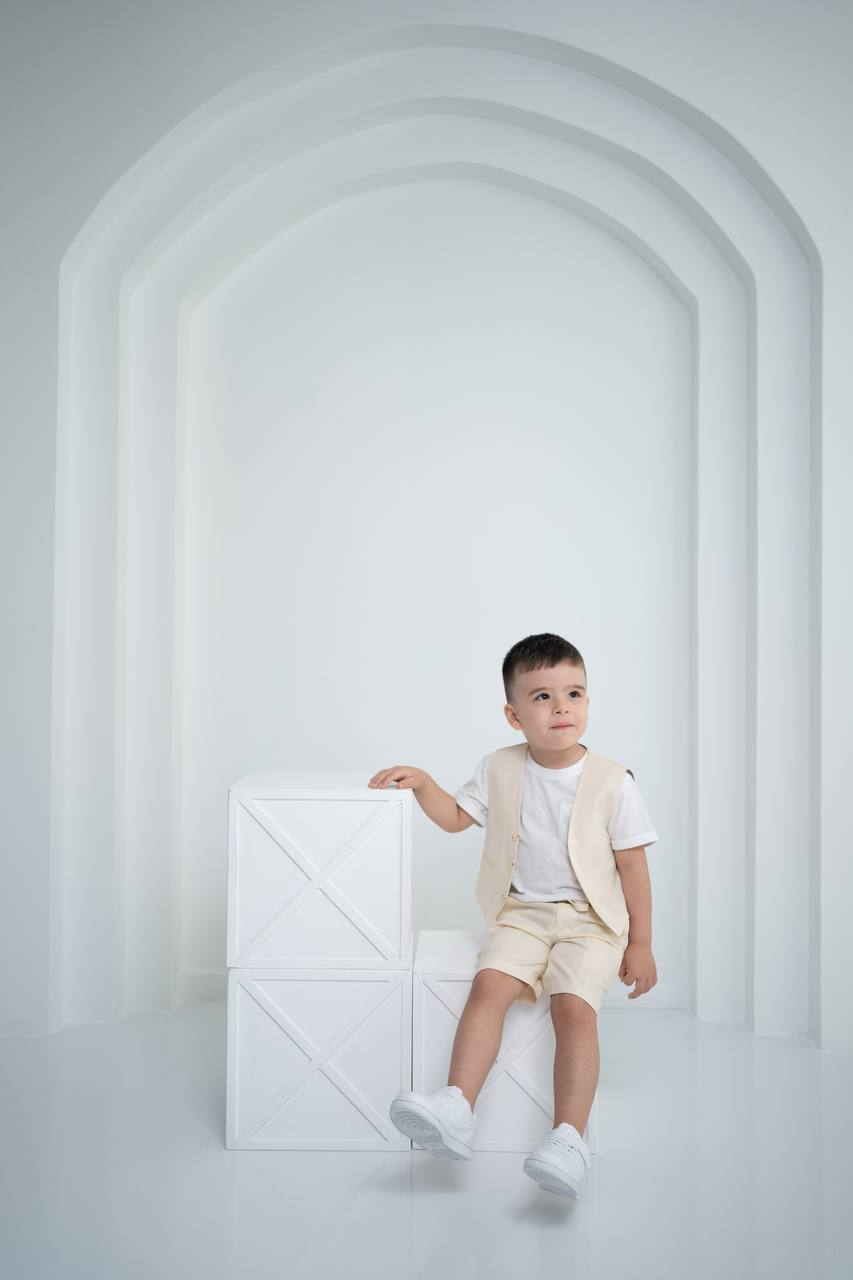 Çocuk Keten Yelek Şort Tişört 3’lü Takım – Krem