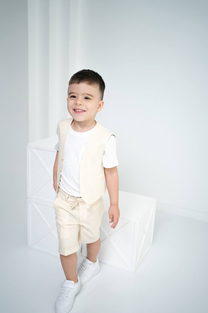 Çocuk Keten Yelek Şort Tişört 3’lü Takım – Krem