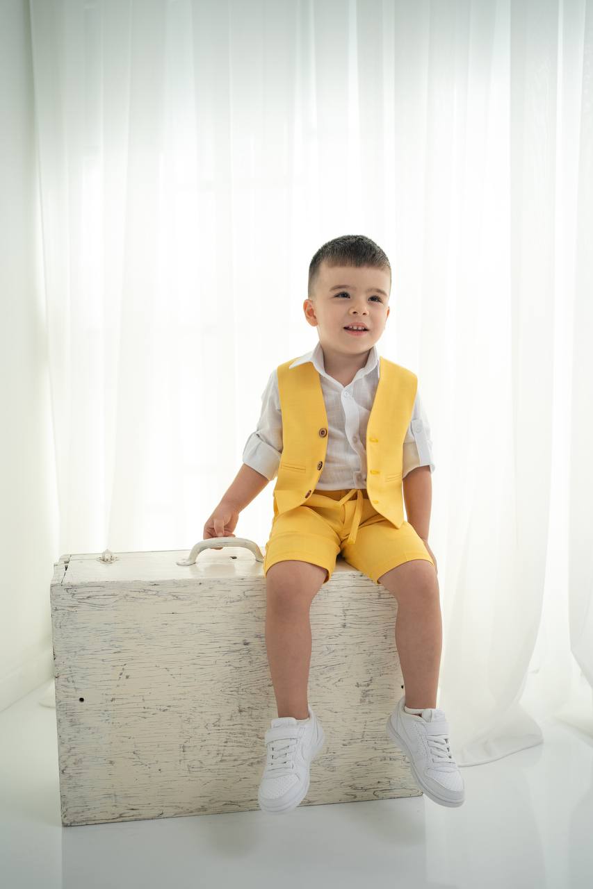 Çocuk Keten Yelek Şort Tişört Takımı