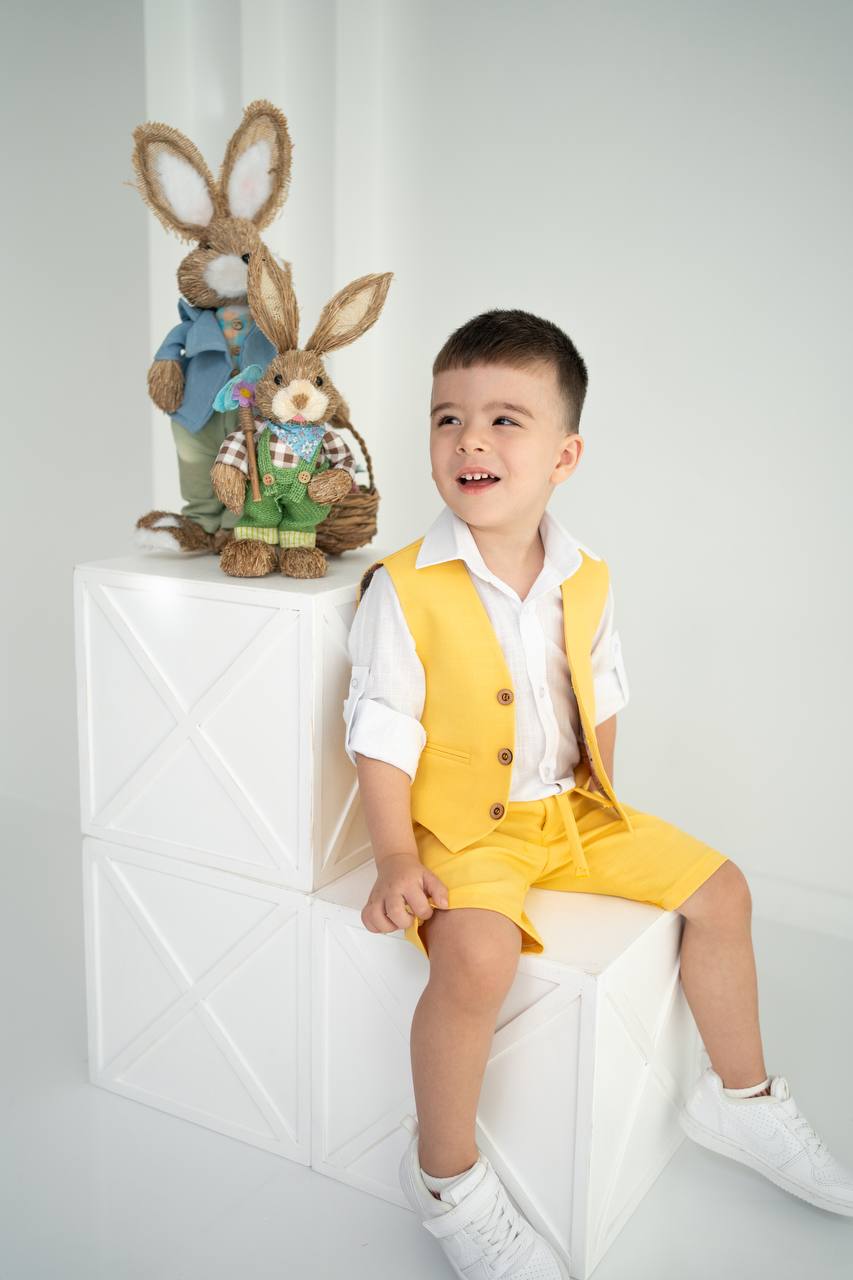 Çocuk Keten Yelek Şort Tişört Takımı