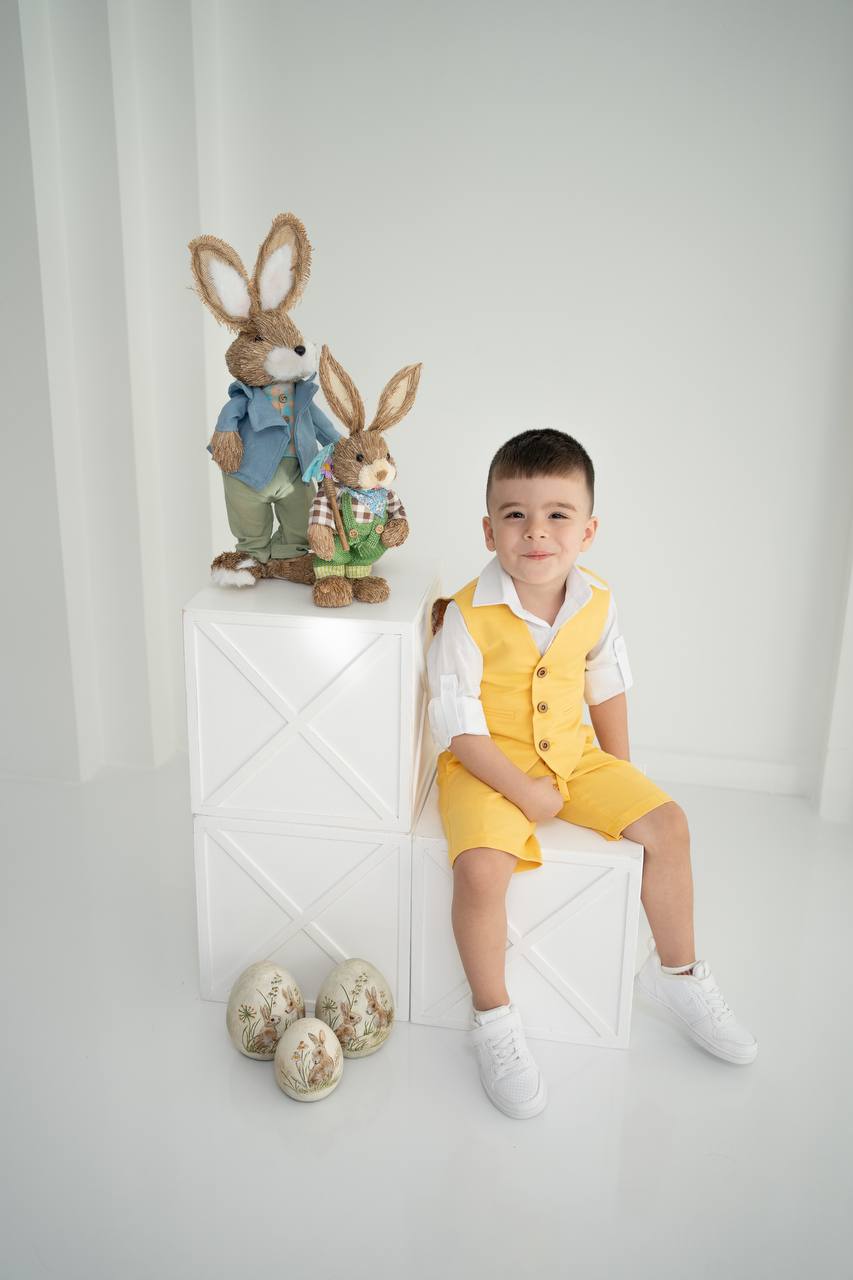 Keten Yelek Şort Tişört Takımı – Sarı