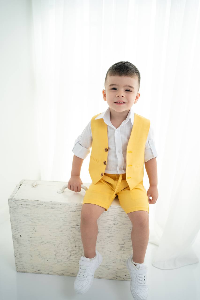 Çocuk Keten Yelek Şort Tişört Takımı
