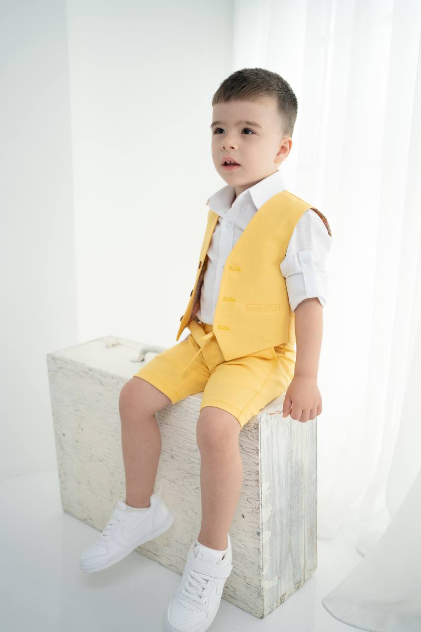 Çocuk Keten Yelek Şort Tişört Takımı