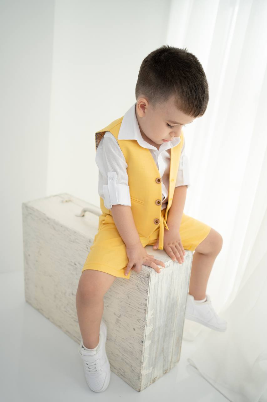 Çocuk Keten Yelek Şort Tişört Takımı