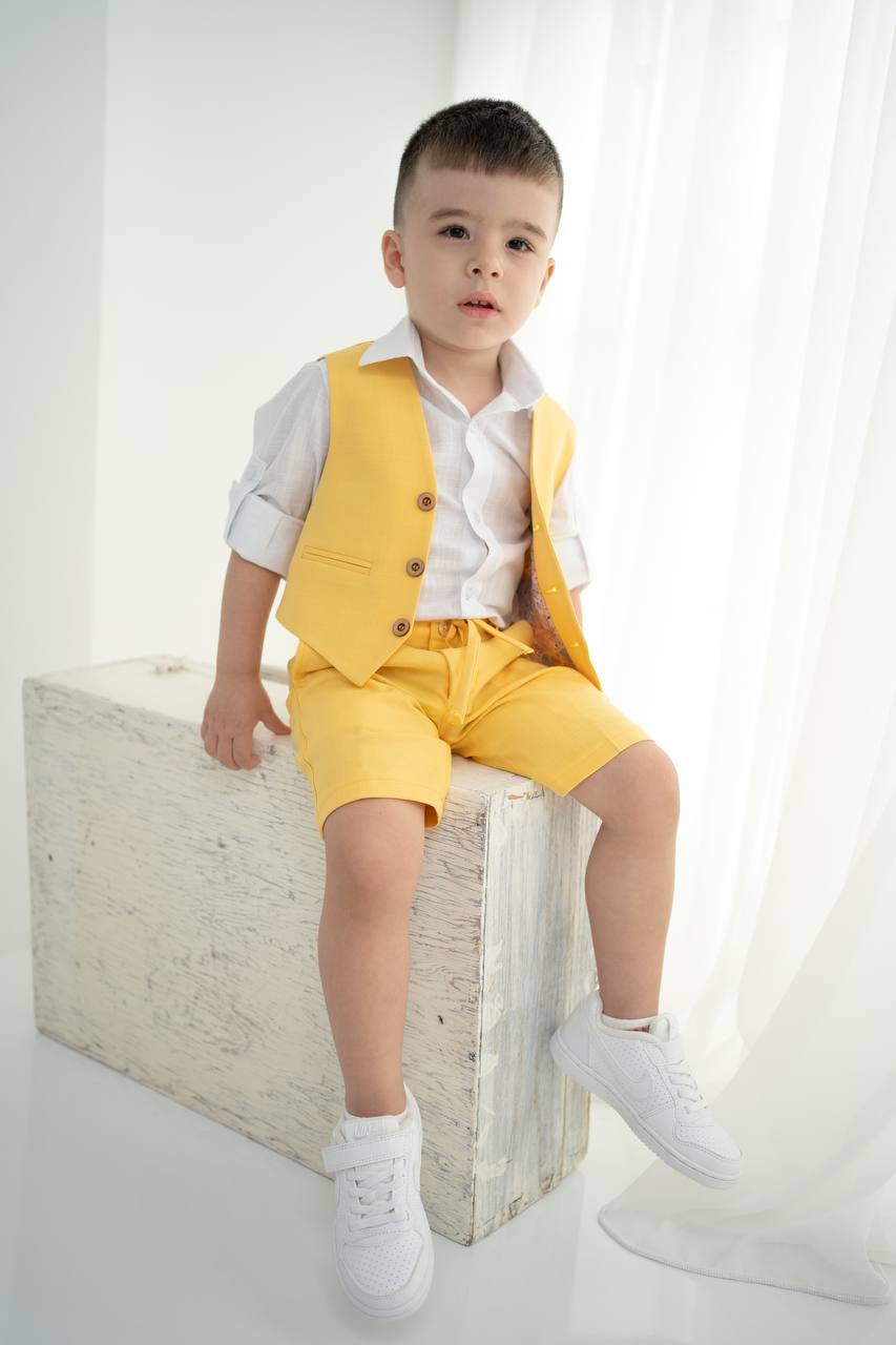 Çocuk Keten Yelek Şort Tişört Takımı