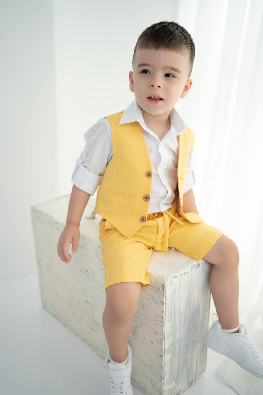 Çocuk Keten Yelek Şort Tişört Takımı