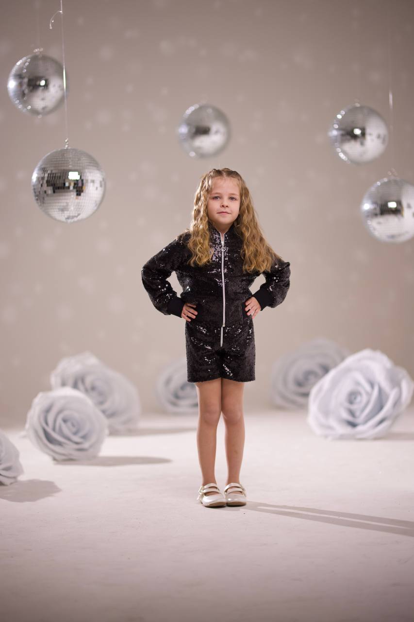 Kız Çocuk Siyah Pul Payet Ceket-Şort Takım