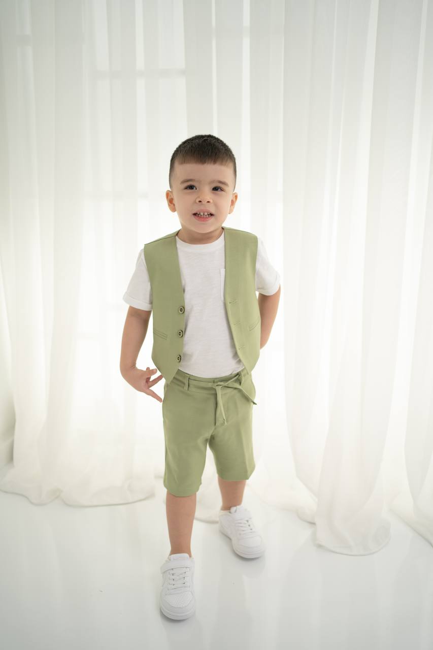 Yeşil Keten Yelek Şort ve Tişört 3'lü Set - Çocuk Takımı (1-10 Yaş)