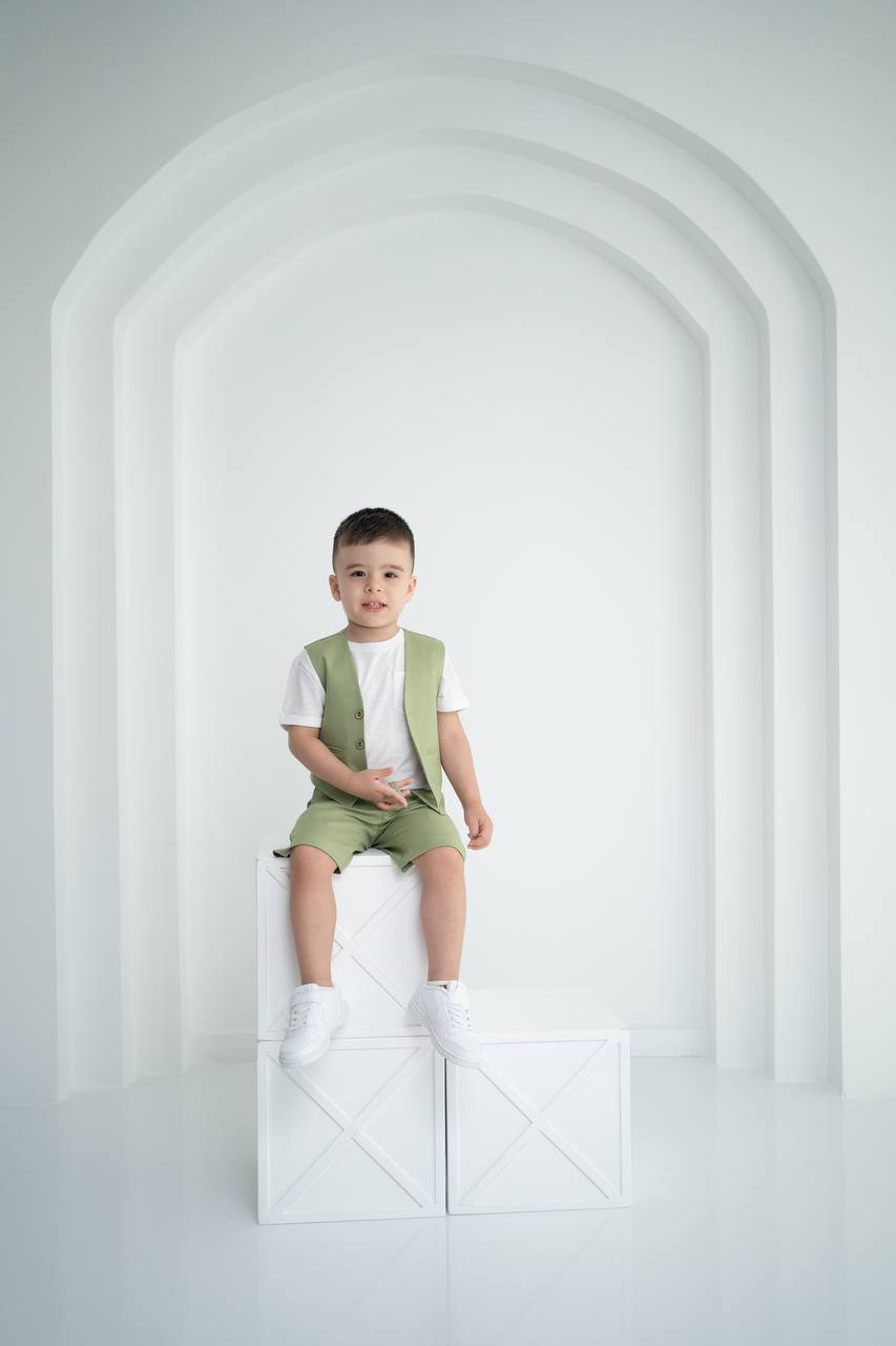 Yeşil Keten Yelek Şort ve Tişört 3'lü Set - Çocuk Takımı (1-10 Yaş)