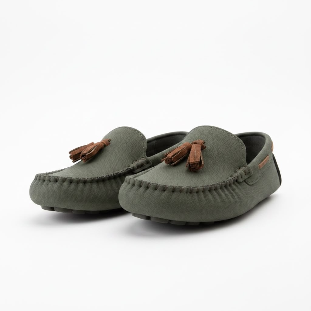 Haki yeşil çocuk loafer ön görünüm çepeçevre dikiş detayı